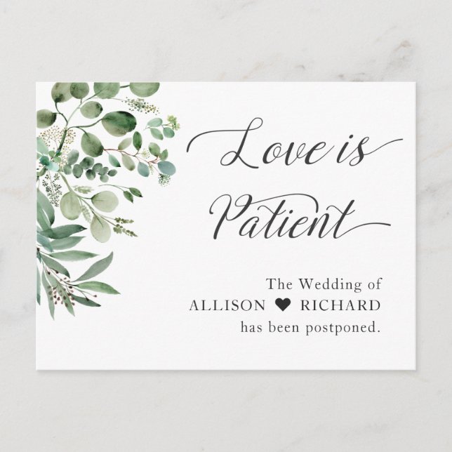 Love is Patient Wedding Postponed Chic Eucalyptus Postcard (Front)