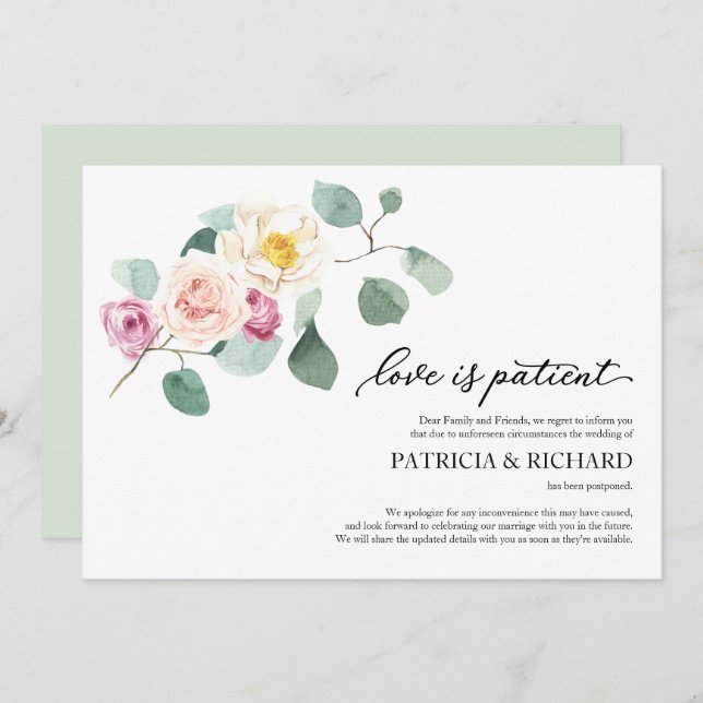 Love Is Patient Wedding Postponement Eucalyptus Invitation (Front/Back)