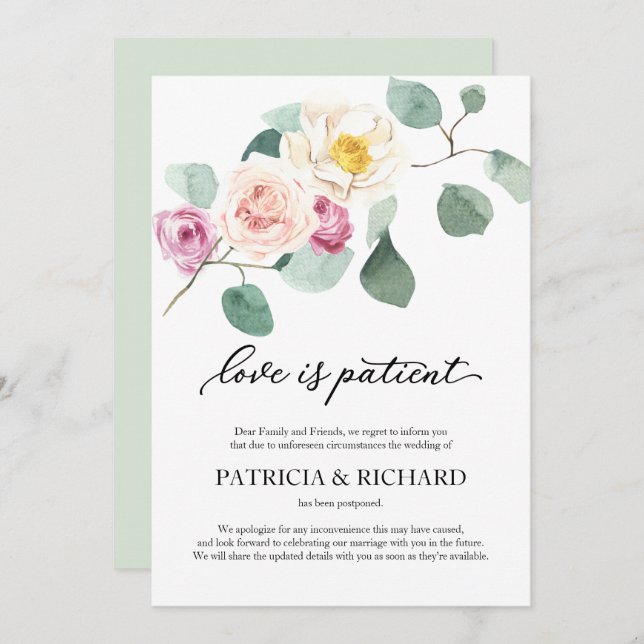 Love Is Patient Wedding Postponement Eucalyptus Invitation (Front/Back)