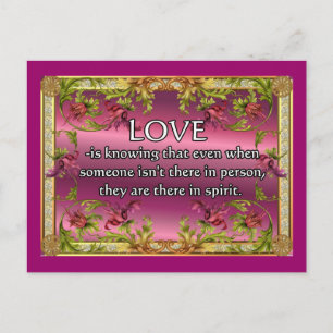 Love is.....poem on purple back with flower frame postcard