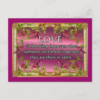 Love is.....poem on purple back with flower frame postcard