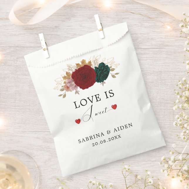 Love Is Sweet Autumnal Burgundy Emerald Floral  Favour Bags (Clipped)