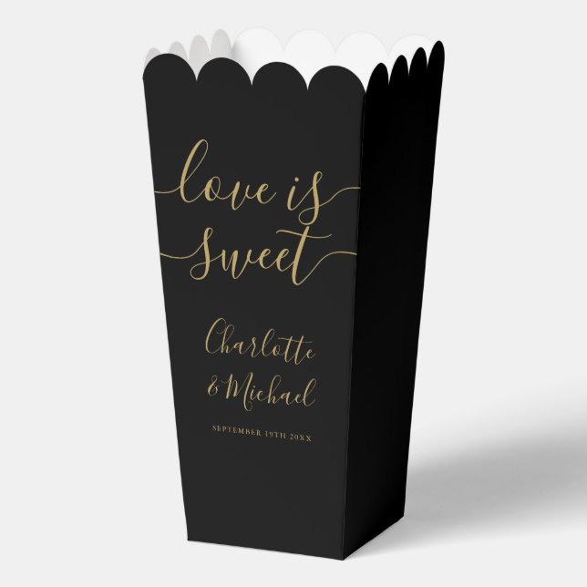 Love Is Sweet Black And Gold Wedding Popcorn Favour Box (Front)