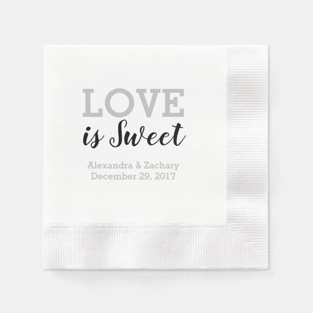 Love Is Sweet Black Silver Wedding Engagement Napkin (Front)