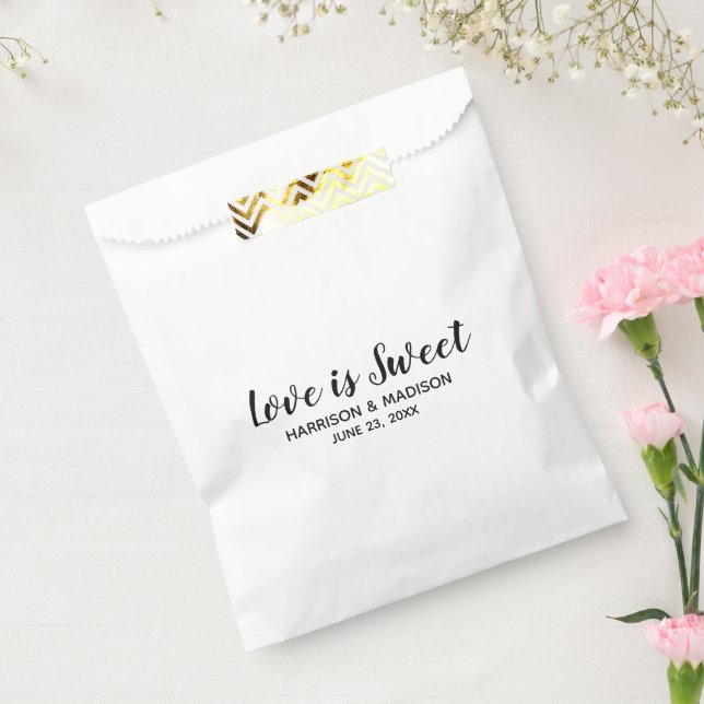 Love is Sweet black stylish script modern wedding Favour Bags (Sealed)