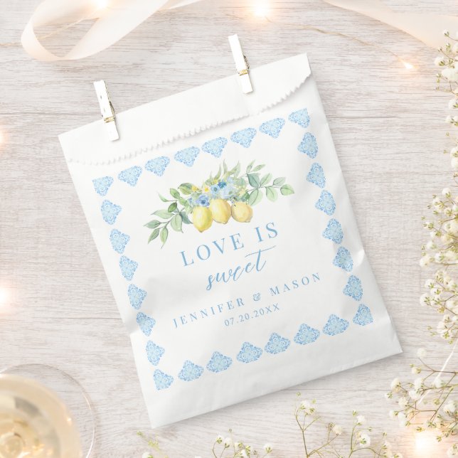 Love Is Sweet Blue Tiles Lemon Wedding Thank You Favour Bags (Clipped)