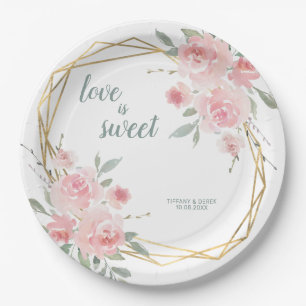 Love is Sweet Blush Floral Geometric Wedding Paper Plate