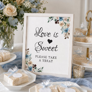 Love is Sweet Boho Dusty Blue Beige Floral Poster