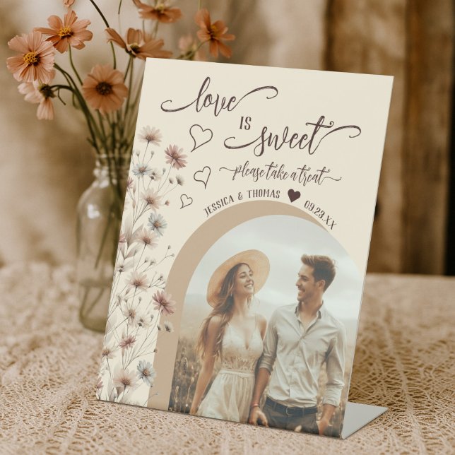 Love is Sweet Boho Wildflowers & Photo Wedding Pedestal Sign (Creator Uploaded)