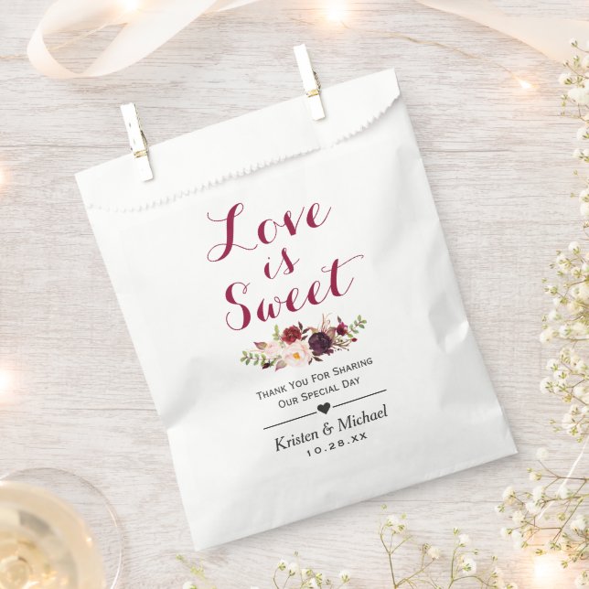 Love is Sweet Burgundy Floral Wedding Favour Favour Bags (Clipped)