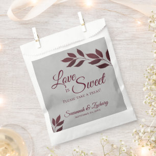 Love is Sweet Burgundy Leaves on Grey Wedding Favour Bags