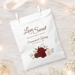 Love is Sweet Burgundy Red & Pink Floral Wedding Favour Bags