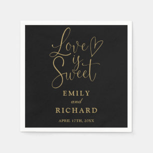 Love Is Sweet Elegant Black And Gold Wedding Napkin