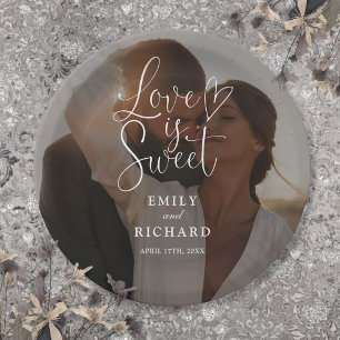 Love Is Sweet Elegant Modern Wedding Photo Paper Plate