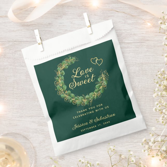 Love is Sweet Emerald Green and Gold Wedding Favour Bags (Clipped)