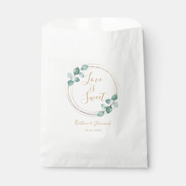 Love is Sweet Eucalyptus Watercolor Script Wedding Favour Bags (Front)