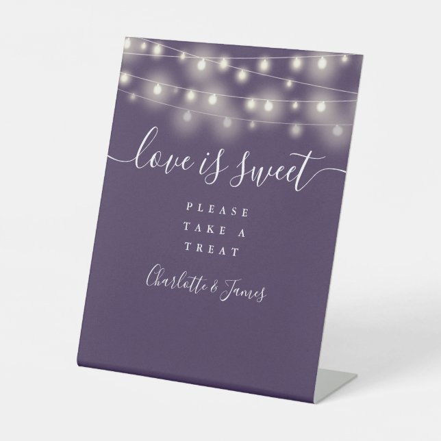 Love Is Sweet Favour String Lights Purple Pedestal Sign (Front)