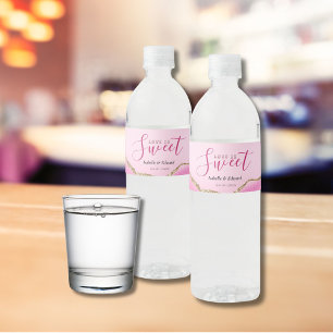 Love Is Sweet Gold & Pink Agate Stone Wedding Water Bottle Label