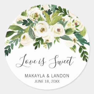 Love Is Sweet Greenery White Floral Wedding Classic Round Sticker