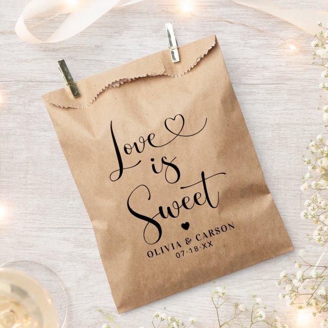 Love is Sweet Heart Script Kraft Wedding Favour Bags (Clipped)