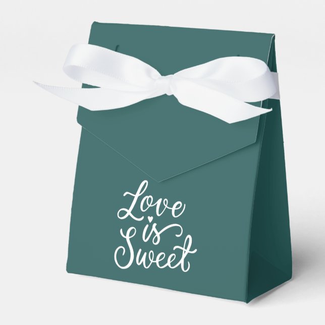 Love is Sweet in Dark Teal and White  Wedding Favour Box (Front Side)