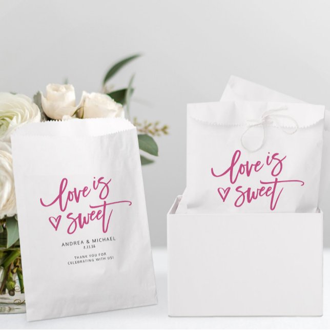 Love is Sweet Magenta Pink Wedding Fun Heart Favour Bags (Wedding Candy Favor Bags - Love is Sweet - Magenta Pink - Fun Brush Script with Hand Drawn Heart)