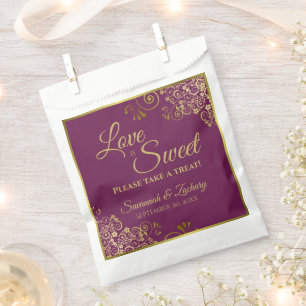 Love is Sweet Magenta Plum & Gold Lace Wedding Favour Bags