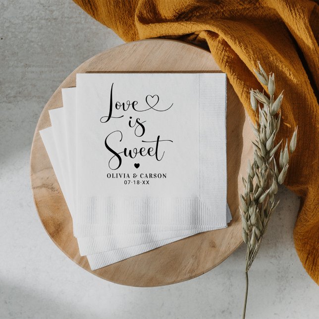 Love is Sweet Modern Black Heart Script Wedding Napkin (Creator Uploaded)