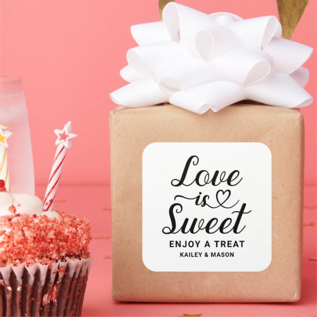 Love is Sweet Modern Heart Script Wedding Square Sticker (Party)