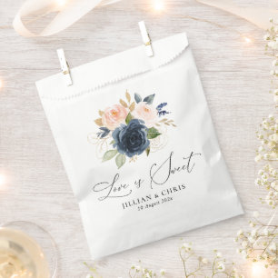 love is sweet navy and blush floral wedding favour bags