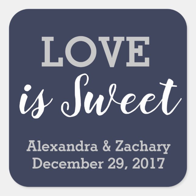 Love is Sweet Navy Blue Silver Wedding Engagement Square Sticker (Front)