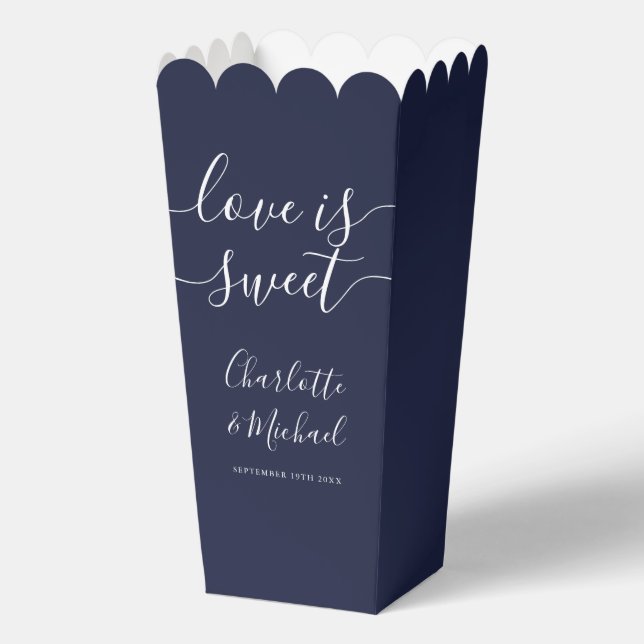 Love Is Sweet Navy Blue Wedding Popcorn Favour Box (Front)