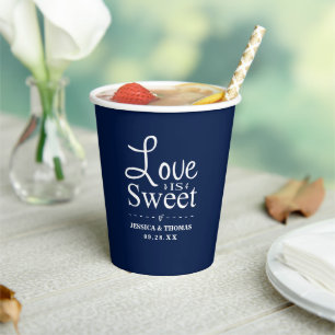 Love Is Sweet! Navy Blue & White Wedding Paper Cups