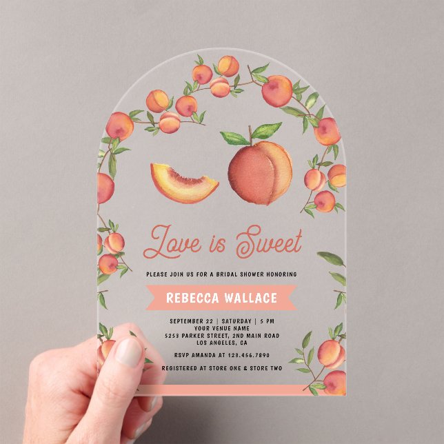 Love is Sweet Peach Fruit Arch Bridal Shower Acrylic Invitations (Insitu (Handheld))