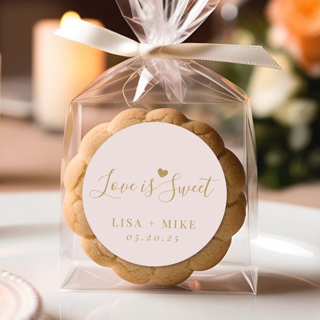 Love is Sweet Personalised Wedding Favour Pink Classic Round Sticker (Creator Uploaded)