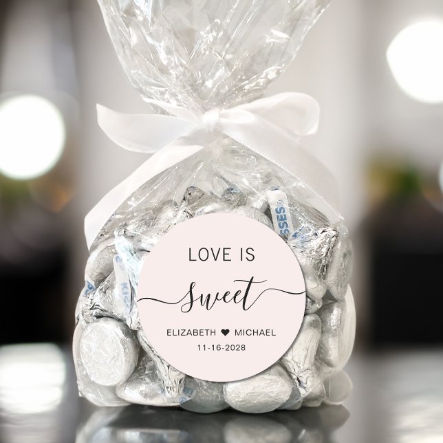 Love Is Sweet Pink Wedding Favour Classic Round Sticker (Creator Uploaded)