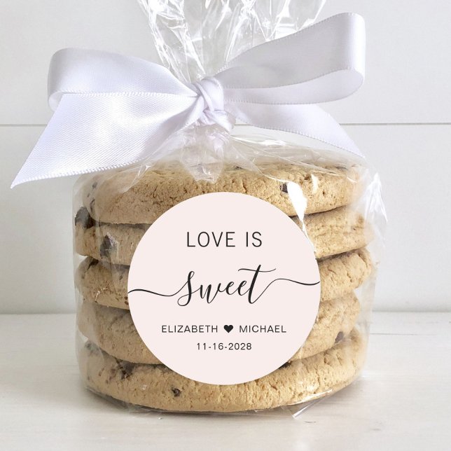 Love Is Sweet Pink Wedding Favour Classic Round Sticker (Creator Uploaded)