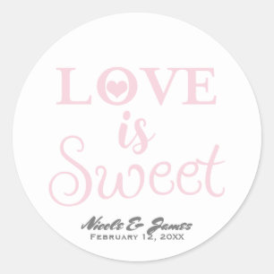 LOVE IS SWEET Pink & White Modern Wedding Favour Classic Round Sticker