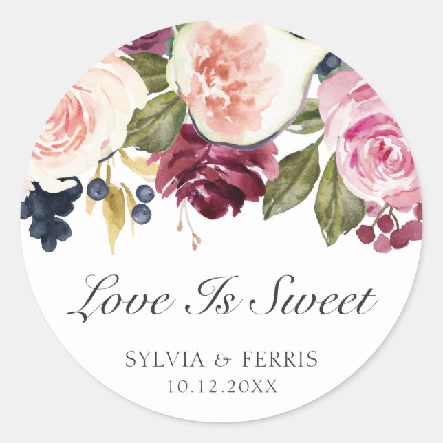 Love Is Sweet Purple Elegant Fall Floral Wedding Classic Round Sticker (Front)