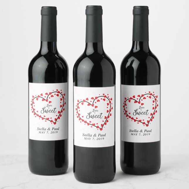 Love is Sweet Quote with Red Hearts for Wedding Wine Label (Bottles)