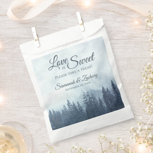Love is Sweet Rustic Blue Pine Trees Wedding Favour Bags (Clipped)