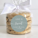 Love Is Sweet Sage Green Wedding Favour Classic Round Sticker<br><div class="desc">Chic sage green sticker for your wedding candy favours featuring "love is sweet" in clean white lettering and an elegant white script with swashes,  your first names joined together by a heart and your wedding date.</div>