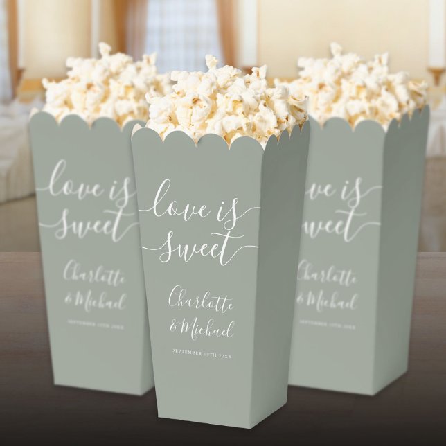 Love Is Sweet Sage Green Wedding Popcorn Favour Box (Love Is Sweet Sage Green Wedding Popcorn Favor Boxes)