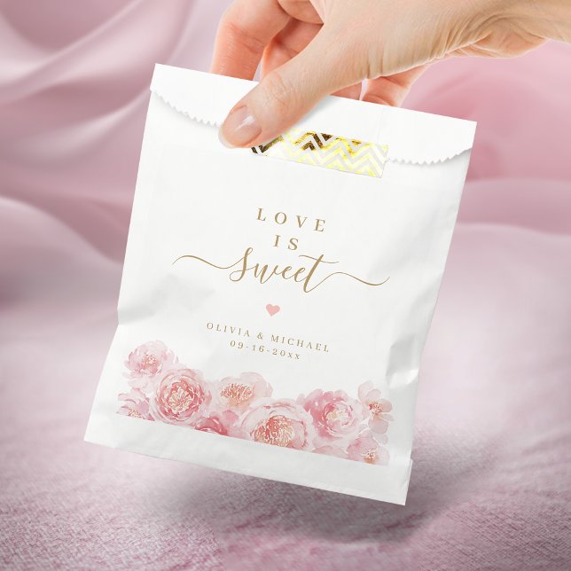 Love is sweet script gold & blush floral wedding favour bags (Love is sweet script gold & blush floral wedding favor bag)