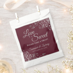 Love is Sweet Silver Lace Elegant Burgundy Wedding Favour Bags