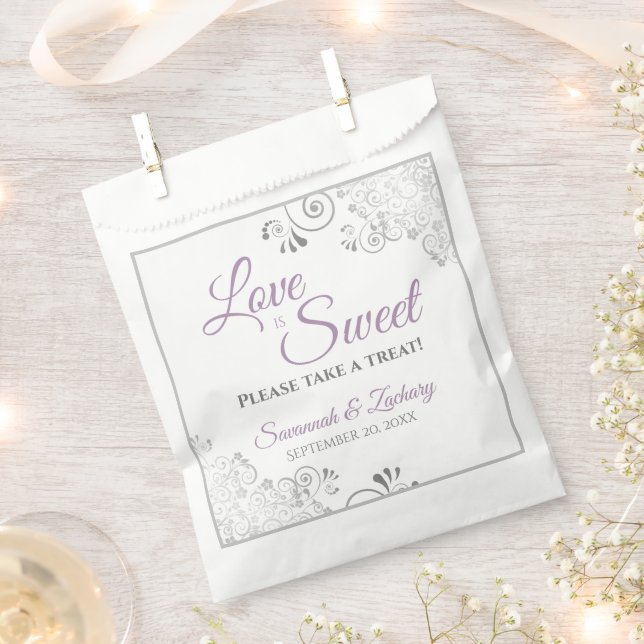 Love is Sweet Silver Lace Lavender Script Wedding Favour Bags (Clipped)