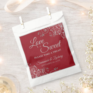 Love is Sweet Silver Lace on Red Elegant Wedding Favour Bags