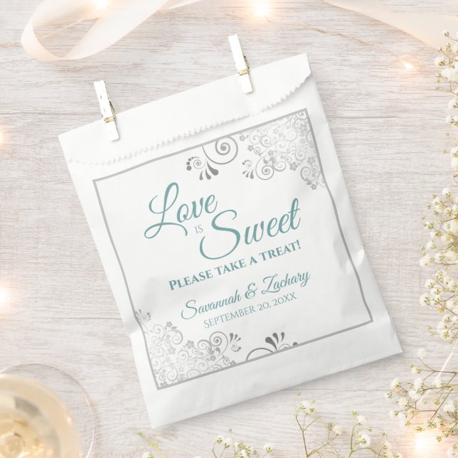 Love is Sweet Silver Lace Teal on White Wedding Favour Bags (Clipped)