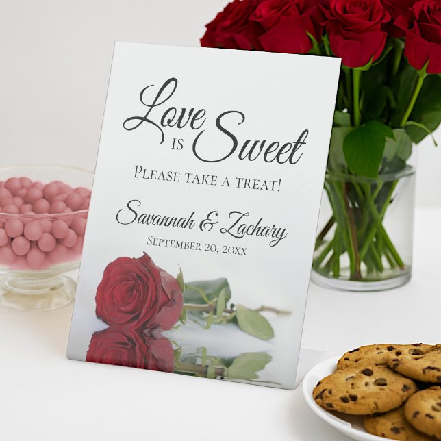 Love is Sweet Take a Treat Elegant Red Rose Pedestal Sign (Creator Uploaded)