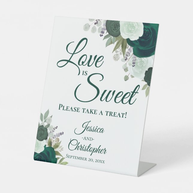 Love is Sweet Take a Treat Emerald Green Floral Pedestal Sign (Front)